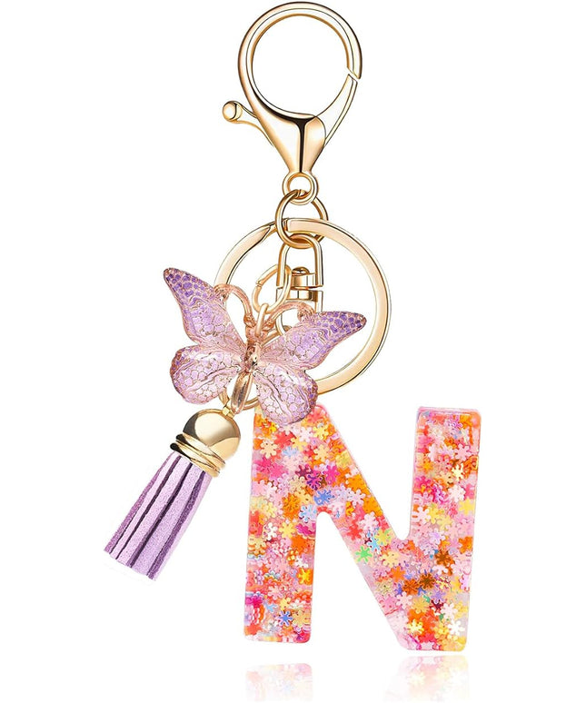 Fashion Alphabet Initial Letter Keychain Tassel Butterfly Pendant Key Ring for Purse Handbags Women Girl
