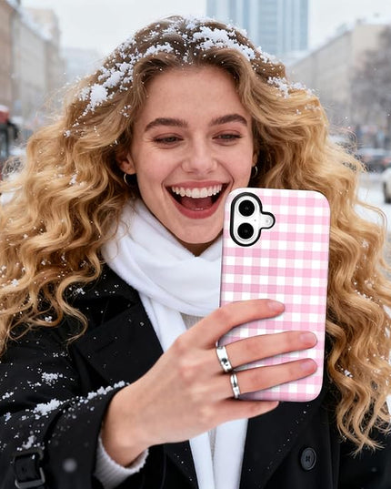 Magnetic for iPhone 16 Case Cute Checkered Stripes Phone Case for Women Girls, Shockproof Slim TPU and Hard PC Protective Phone Cover Compatible with MagSafe Designed, Pink