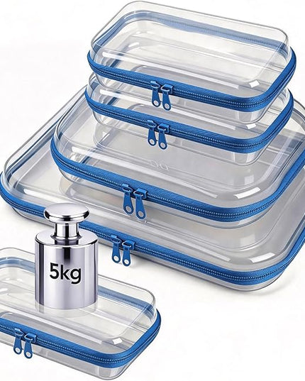 5 Pack Clear Hard Shell Zipper Pouches, TSA Friendly Transparent Design for Toiletries & Electronics, Crush-Resistant Storage for Carry-On Travel (Blue)