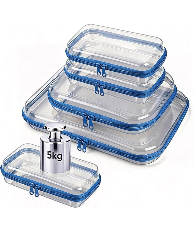 5 Pack Clear Hard Shell Zipper Pouches, TSA Friendly Transparent Design for Toiletries & Electronics, Crush-Resistant Storage for Carry-On Travel (Blue)