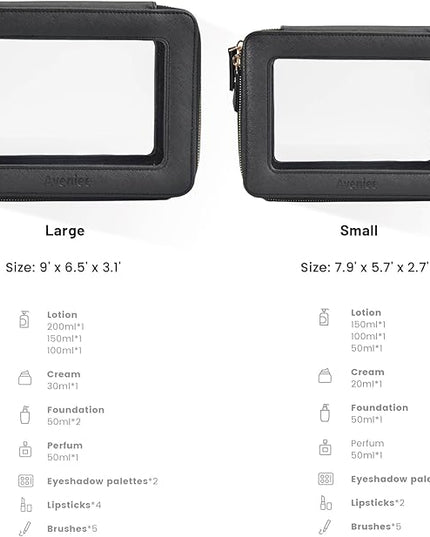 Aveniee Clear Makeup Bag Set (2-Piece Mini & Midi) - Travel Toiletry Organizer for Women, Waterproof Cosmetic Pouch & Car Accessory for Travel Size Toiletries, Black
