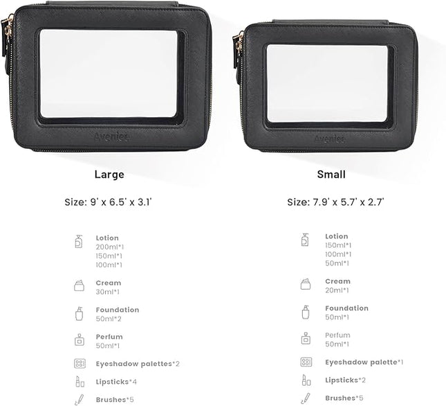 Aveniee Clear Makeup Bag Set,Portable Travel Toiletry Bag Cosmetic Case for Women,Vegan Leather Make Up Pouch Organizer Car Bag for Essentials 2pcs,Middle & Large,Black