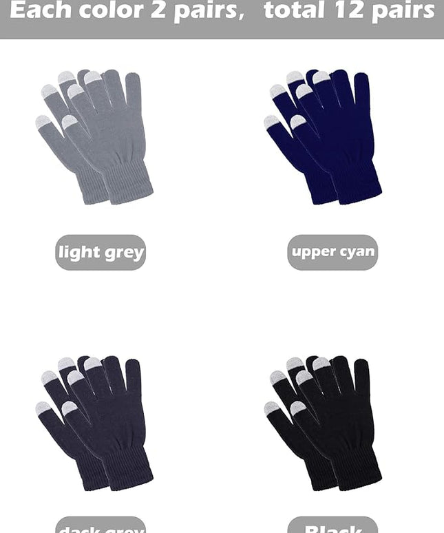Pangda 12 Pairs Winter Touch Screen Gloves for Men Women Stretch Knitted Texting Gloves Warm Windproof Solid Color Mittens