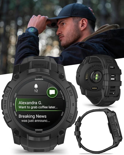 Wearable4U Garmin Instinct 3 Tactical Edition, AMOLED Display, 50mm, Rugged Outdoor GPS Smartwatch, Applied Ballistics Support, LED Flashlight, Multi-Band GPS, 10 ATM PowerBank Bundle