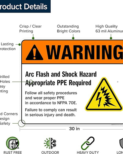 Warning Arc Flash And Shock Hazard Appropriate PPE Required Sign, 24x30 Inches, Rust Free .063 Aluminum, Fade Resistant, Made in USA by My Sign Center