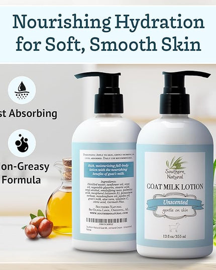 Southern Natural Goat Milk Lotion – Nourishing Face, Body & Hand Moisturizer for Dry & Sensitive Skin - Hydrating Cream, Gentle Skincare for Soft & Smooth Feel - Unscented 12oz