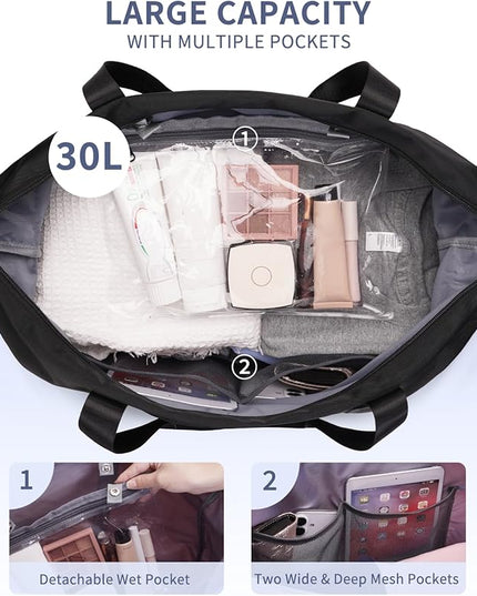 ECOHUB Travel Duffel Bag, Water Resistant Weekender Bag Carry On Bags for Women, Sport Gym Bags for Men, Hospital Bag for Labor and Delivery, Overnight Bag Luggage Bag with Trolley Sleeve, 30L Black