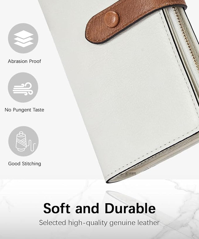 BOSTANTEN Womens Leather Wallets RFID Blocking Large Capacity Trifold Card Holder Ladies Phone Clutch Beige＆Brown