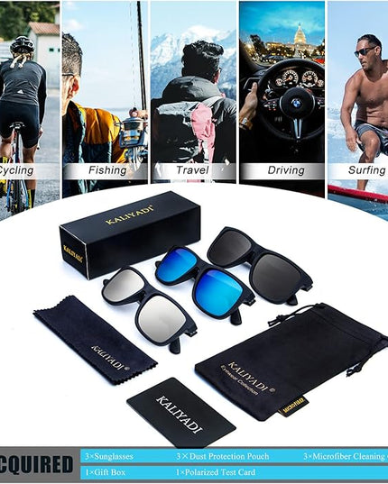 KALIYADI Sunglasses Men Polarized Sun glasses for Mens Womens Classic Matte Black Frame UV Protection 3pack