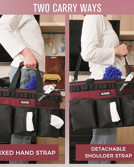 Wearable Cleaning Caddy Bag, Cleaning Caddy Supplies Organizer with Handle & Shoulder Straps for Housekeepers, Under Sink & Car Cleaning Tool Organizers with 4 Foldable Divider (Magenta)