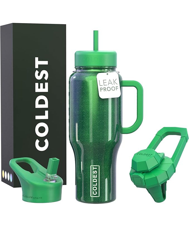 Coldest Tumbler with Handle and Straw, 100% Leak Proof Insulated Tumbler with Lid and Straw (3 Lids), Stainless Steel Tumblers for Women & Men, Cup Holder Friendly, 36 oz (Enchanted Green)