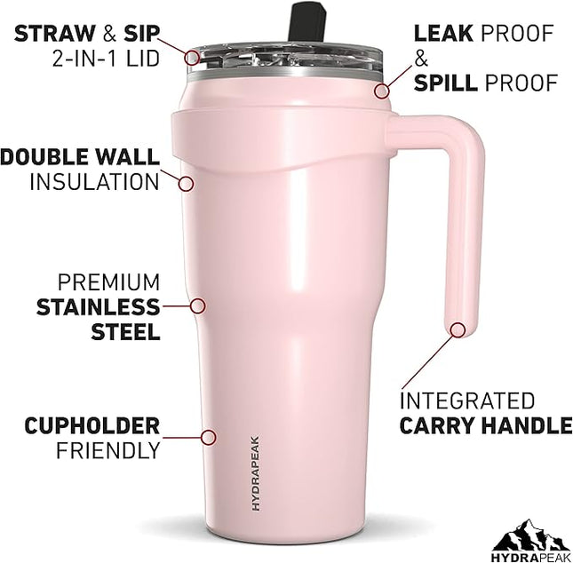 Hydrapeak Roadster 40oz Stainless Steel Tumbler Double Wall Vacuum Insulated Water Bottle With Handle And 2 in 1 Straw Lid (Seashell)