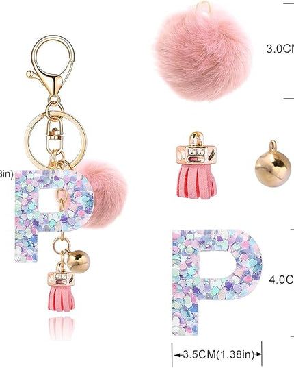 Resin Alphabet Initial Letter Keychain Keyring for Women Purse Handbags With Fur Ball Pom