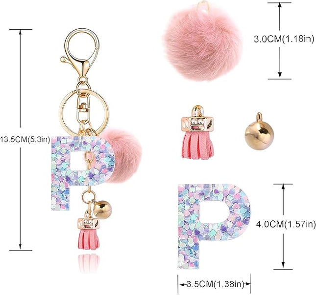 Resin Alphabet Initial Letter Keychain Keyring for Women Purse Handbags With Fur Ball Pom