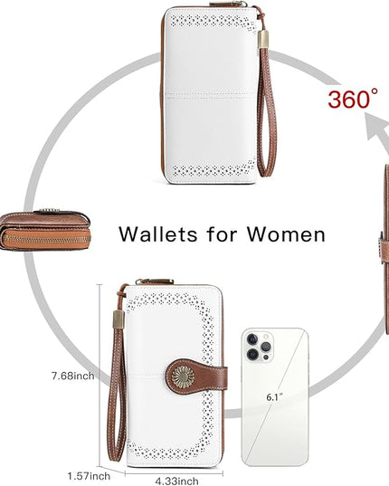 SENDEFN Wallet for Women RFID Blocking Leather Clutch Long Purse Large Capacity Credit Card Holder Wristlet