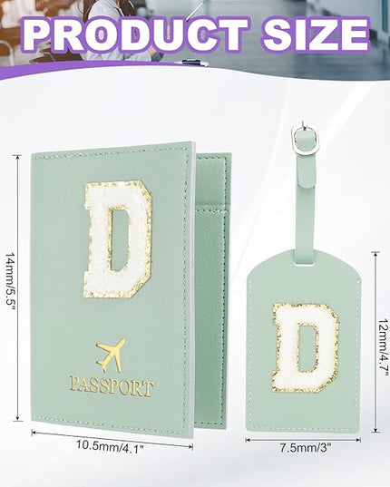 PATIKIL Passport Holder for Travel, Initial Passport Cover and Luggage Tag Set with Alphabet Chenille Letter Patch Travel Wallet Bag Suitcase Identifier for Women Family Travel Green D