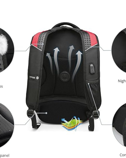Swissdigital Design Men's Laptop Backpack for College and Business Travel with Integrated USB Charging Port and RFID Protection Fits 15.6" Laptops Black/Red | J14-41