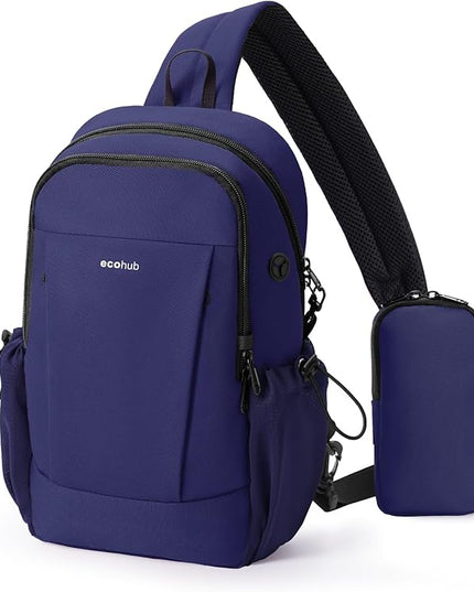 ECOHUB Anti-Theft Crossbody Bag Men Women, RFID Blocking Lightweight Sling Backpack Eco-Friendly with 9 Pockets Sturdy SBS Zippers Water Resistant for Travel Work Hiking Outdoor, Blue