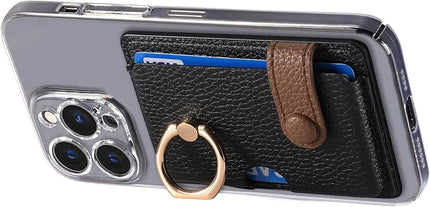 Wallet Stick on Phone Case, Credit Card Holder with Ring for Back of Phone Cases Flip Leather Wallet Sleeve Pouch Compatible with iPhone, Samsung Galaxy Android Most Smartphones Black