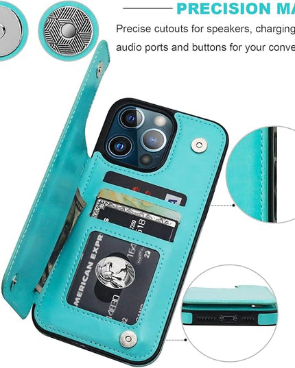 ONETOP Compatible with iPhone 13 Pro Max Wallet Case with Card Holder,PU Leather Kickstand Card Slots Case, Double Magnetic Clasp and Durable Shockproof Cover 6.7 Inch(Light Blue)