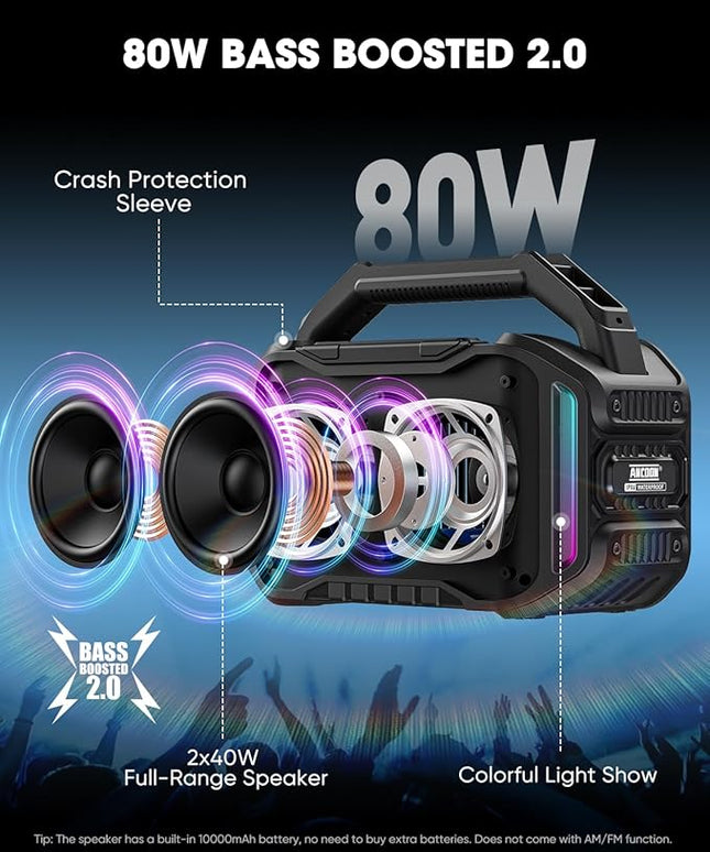 Speakers Bluetooth Wireless: 80W(Peak) Loud Speaker with Bass, 20H Playtime, IPX6 Waterproof, Large Jobsite Speakers for Work, Outdoor, Workshop, Garage, Portable Speaker with TWS (Black)