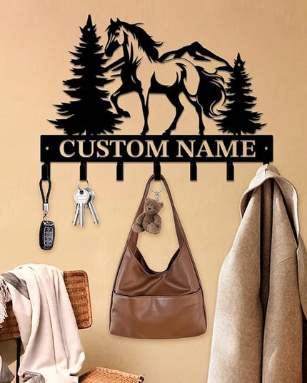 Personalized Custom Name Farm Horse Wall Key Hooks,Metal Horse Art Clothes Hooks,Metal Horse Wall Home Storage Decorative,For Front Door, Hallway, Kitchen, Bedroom,Keys,Hats (Style K)