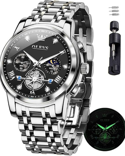 OLEVS Mens Watches Chronograph Watch Luxury Dress Stainless Steel Waterproof Watches for Men Moon Phase Luminous Business Calendar Wrist Watch Blue/Black/Green/Gold/Face