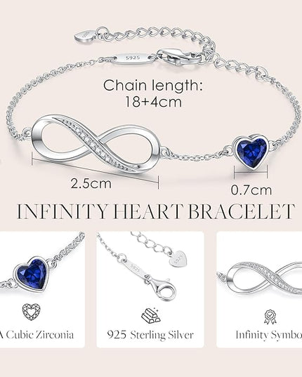 CDE Valentine's Day Gift Infinity Heart Birthstone Charm Link Bracelet for Women 925 Sterling Silver Adjustable Mother's Day Christmas Day Gift Anniversary Birthday Jewelry for Wife Girlfriend Her