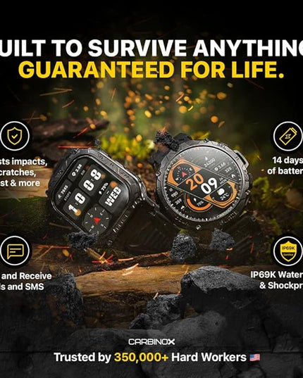 CARBINOX Blaze Smart Watch with GPS – Rugged Fitness Trackers, IP69K Waterproof, 170+ Sports Modes, Gorilla Glass, Make/Receive Calls, Step Counter Watch, Android & iOS Compatible