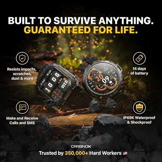 CARBINOX Blaze Smart Watch with GPS – Rugged Fitness Trackers, IP69K Waterproof, 170+ Sports Modes, Gorilla Glass, Make/Receive Calls, Step Counter Watch, Android & iOS Compatible