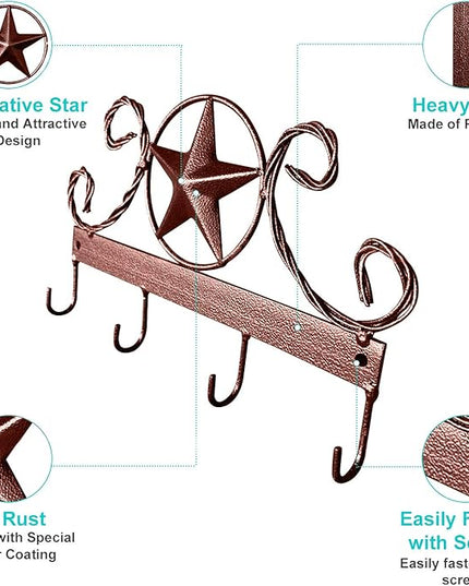EcoRise Brown Texas Country Western Key Holder - Rustic Wall Décor Key Hanger for Home, Vintage Metal Key Hangers for Wall, Star Key Rack Hook Wall Holders, Multiple Hooks for Keys (Brown)