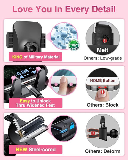 VANMASS【85+LBS Strongest Suction & Military-Grade Ultimate Car Phone Mount【Patent & Safety Certs】 Cell Phone Holder Truck for Dashboard Windshield Vent for iPhone 17 Pro Max 16 15 for Samsung, Pink