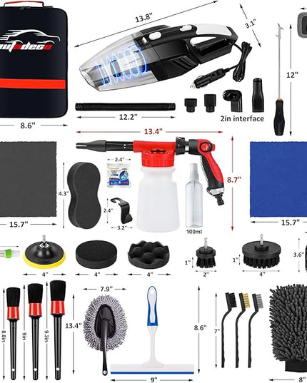 AUTODECO 43Pcs Car Wash Detailing Kit Cleaning Kits with Foam Gun Sprayer Long Handle Mop Car Vacuum Drill Brush Large Wash Mitt Towels Complete Interior Exterior Car Washing Supply Set Blue