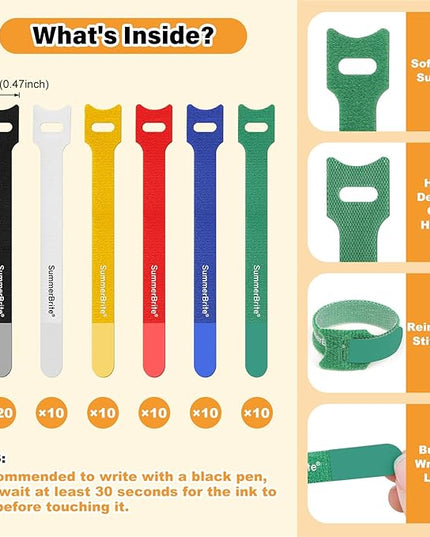 70 Pack Multi-Color Cable Ties 6 Inch with Writable Labels, Reusable Cord Organizer Straps, Hook & Loop Wire Management for Identifying Electronics, Charging Cables, Home Office & PC