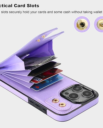 Folosu Compatible with iPhone 16 Pro Max Case Wallet with Card Holder, 360°Rotation Finger Ring Holder Kickstand, RFID Blocking Leather Protective Double Buttons Shockproof Cover 6.9 Inch Purple