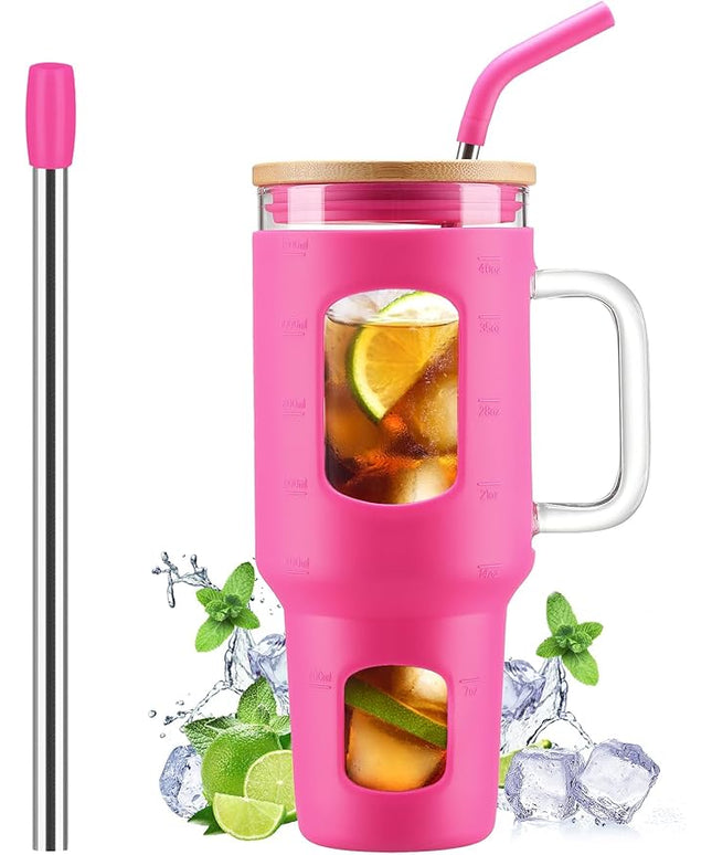Glass Tumbler with Straw and Lid, 40 oz glass cup with handle, Glass Water Bottles with Time Marker, Silicone Protective Sleeve-Rose Red