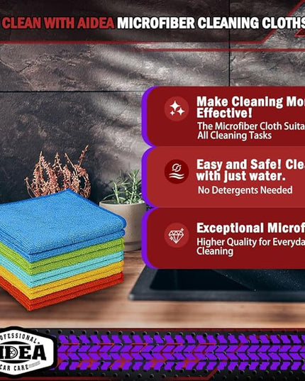 AIDEA Microfiber Cleaning Cloth 10PK, Micro Fiber Cloth for Cleaning Cars, Premium All Purpose Car Towels, Dusting Cloth Cleaning Rags SUVs, House, Kitchen, Window, Workshops, 12"×12"