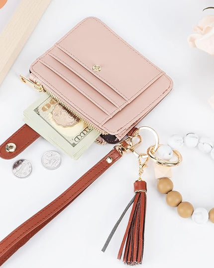 Keychain Wallet with Bracelet RFID Blocking Wristlet Credit Purse Card Holder, Silicone Bead Tassel Key Ring for Women