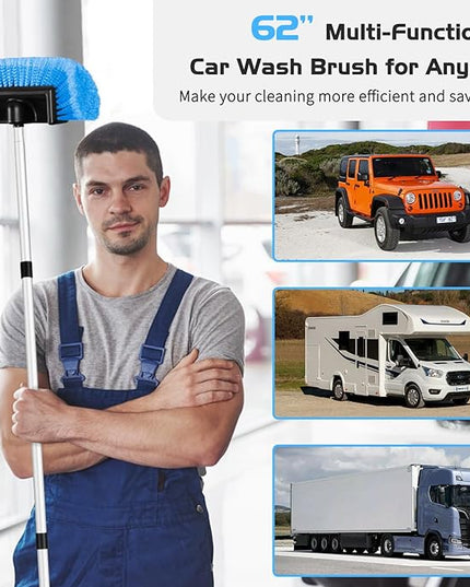 Ordenado 62" Car Wash Brush with Long Handle, Soft Bristle Car Cleaning Brush Supplies, Cars Brushes for Washing Exterior, Cars Washing Brushes Scratch-Free Wash Mop Kit, Universal for RV Truck SUV