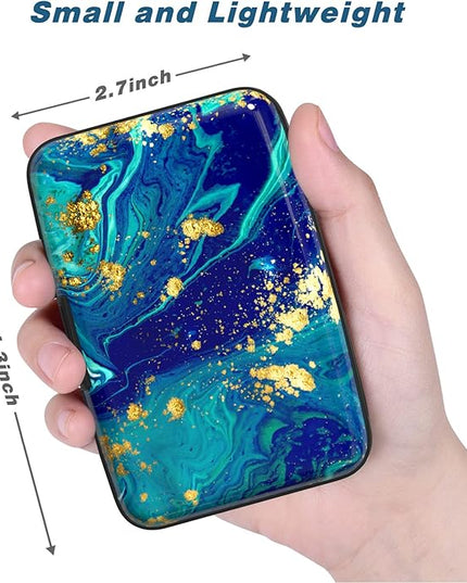 Atufsuat Credit Card Holder, Mini Aluminum Card Wallet RFID Blocking Slim Metal Hard Card Case for Women Men, Blue Green Marbling