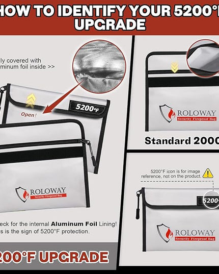 ROLOWAY Fireproof Bag (9.6 x 6.6 inches) 5200℉ Heat Insulated, Fireproof Money Bag with Zipper for Cash (2-Pack)