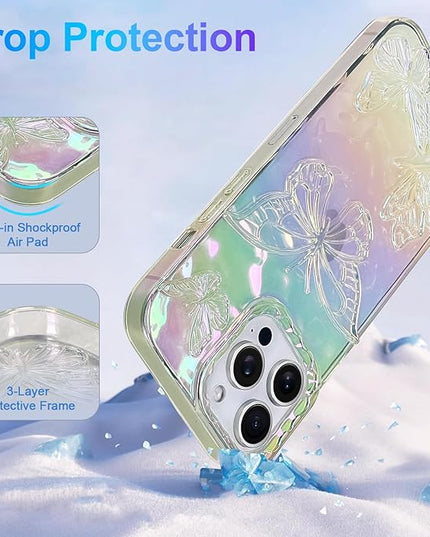 Cute Case for iPhone 14 Pro Case for Women Girls, with 3D Butterflies Pattern Design, Aesthetic Clear Iridescent Glitter Kawaii Girly Rainbow Protective Phone Cover