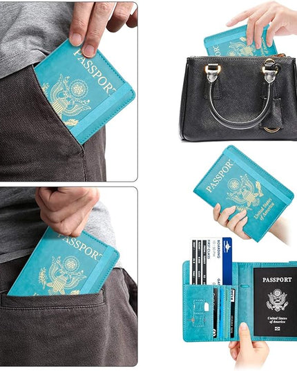 WALNEW Passport Holder for Travel, RFID Passport Cover Wallet for Women Men, PU Leather Passport Book Card Holder Case with Pen, Travelling Essentials for Flying