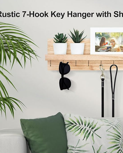 Lwenki Decorative Key Holder for Wall with Shelf, Entryway Shelf with Hooks Holds Leashes, Jackets and Glasses – Sturdy Wood Keyholder Entrance Hanger with Mounting Hardware (Wood, Large)
