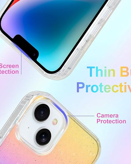 Glitter Case for iPhone 13 & 14 Case for Women Girls [ Compatible with Magsafe ] Clear Cute Girly Aesthetic Iridescent Rainbow Sparkly Bling Magnetic Phone Cover, Gradient Blue & Pink