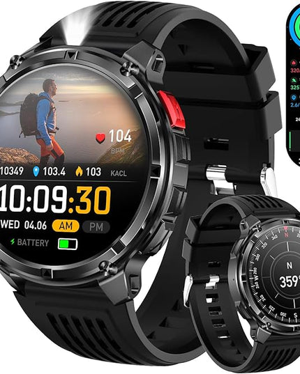 Mens Smart Watch for Android Phones and iPhone,Military Sport Smart Watches for Men Fitness Tracker Watch with Flashlight/Compass/Waterproof/100 Days Battery/Heart Rate/Sleep/100+ Sport Modes