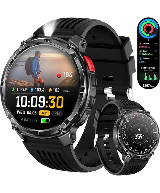 Mens Smart Watch for Android Phones and iPhone,Military Sport Smart Watches for Men Fitness Tracker Watch with Flashlight/Compass/Waterproof/100 Days Battery/Heart Rate/Sleep/100+ Sport Modes
