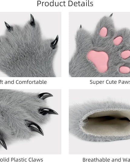 HAOAN Wolf Paw Gloves Faux Fur Cat Fingerless Mittens Winter Warm Cosplay Halloween Fancy Party Costume Accessories