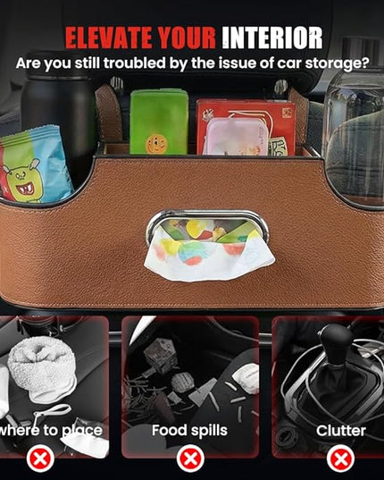 3-in-1 Back Seat Car Organizer, Car Seat Back Storage Box with Dual Cup Holders, Tissue Box, Trash Bin and Hooks, Multifunctional Back Seat Car Organizer for Travel and Daily Driving (Brown)