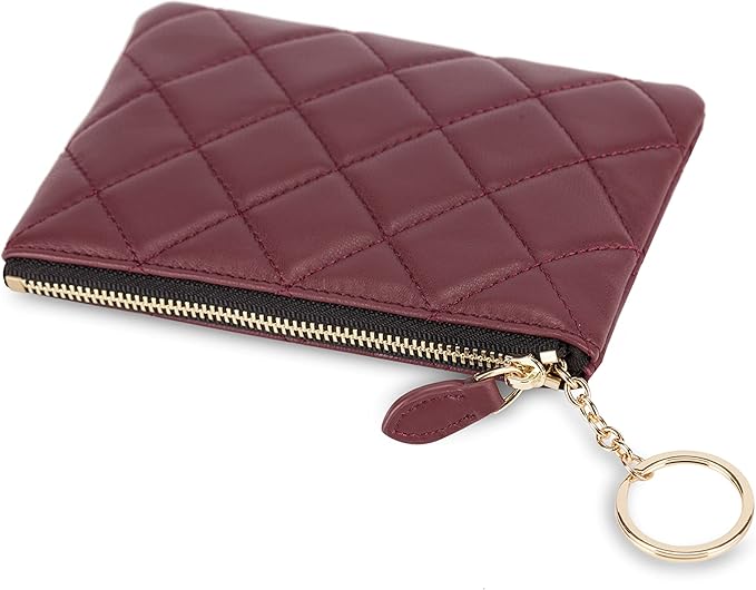 DORIS&JACKY Soft Lambskin Leather Coin Purse Small Quilted RFID Blocking Top Zipper Wallet With Key Chain